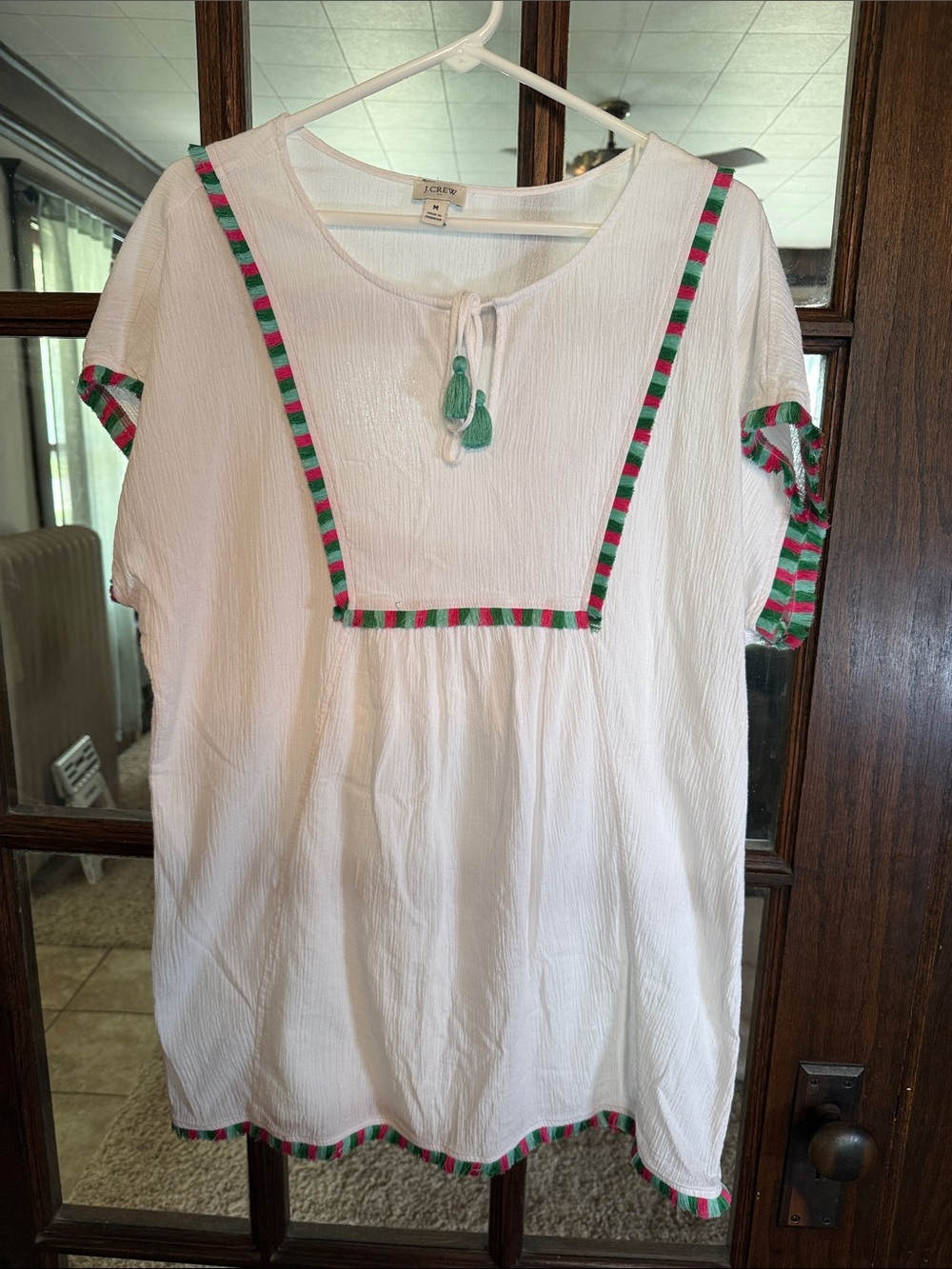 J.Crew Womens White Cotton‎ Gauze Tassel Fringe Tunic Top Pink Green Medium